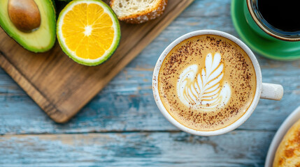 Freshly Brewed Coffee with Latte Art Surrounded by Fresh Fruits and Breads on Rustic Wooden Table