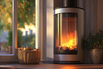 Modern cylindrical glass-fronted fireplace with a warm fire glowing inside, situated near a window overlooking a sun-drenched autumnal garden, 