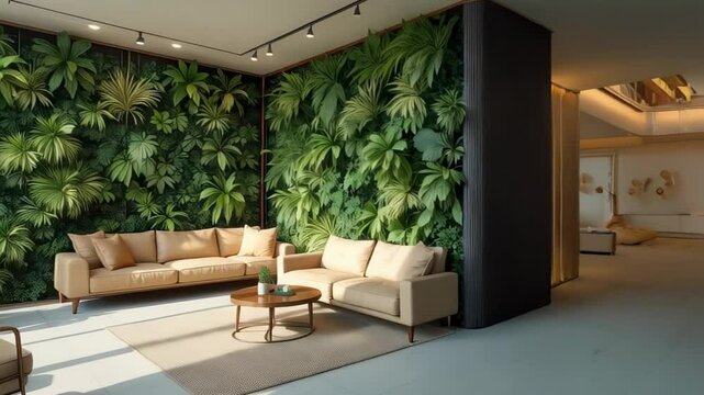 Explore stylish office interiors with comfy furniture and lush greenery for ultimate relaxation