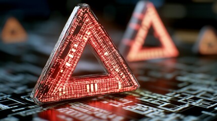 Two glowing red triangles, resembling circuit boards, sit atop a complex circuit board