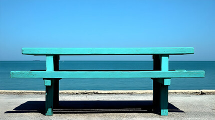 Tranquil turquoise bench offering seaside views, perfect for summer relaxation