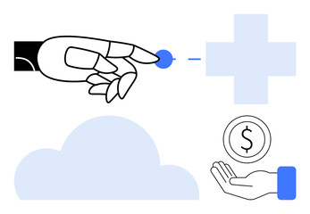 Robotic hand interacting with symbolic elements thumbs up medical cross, cloud, and hand with coin. Ideal for AI, healthcare, technology, finance, innovation, cloud solutions simple landing page