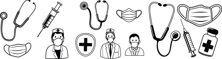 Medical and Healthcare Icons Vector Set Cartoon Hospital and Doctor Elements Collection, black and white abstract background