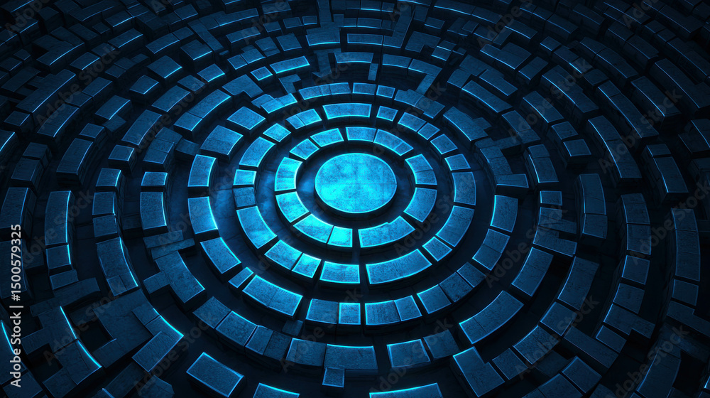 Wall mural blue circular maze pattern on dark background with abstract elements highlighting peripheral designs