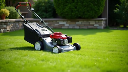 Lawn Mower Cutting Green Grass on a Bright Sunny Day in Backyard Garden, mowing lawn