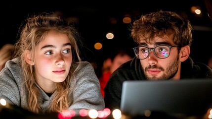 Two teenagers engrossed in a laptop, dimly lit by warm light