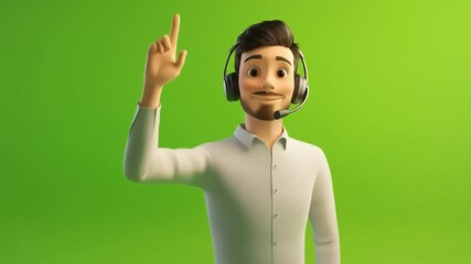 Male customer support representative with headset smiling and waving warmly on a vibrant green screen, demonstrating approachable and professional communication for client interactions