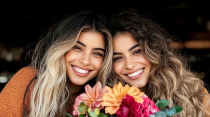 Two women with bright smiles hold a bouquet of flowers.  Close-up portrait