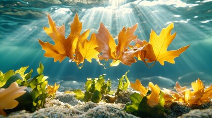 Underwater autumn leaves, sunlight beams through the water, illuminating vibrant fall foliage amongst aquatic plants on a sandy bottom
