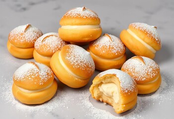Golden-brown cream puffs, dusted with powdered sugar, arranged on a neutral grey backdrop, pastry, studio shot