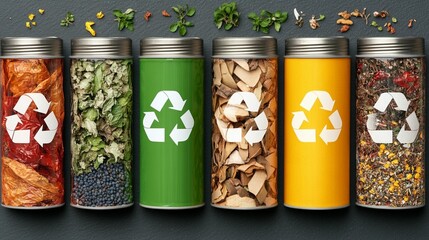 Variety of dried herbs and spices in reusable metal jars, each with a recycling symbol, arranged on a dark surface