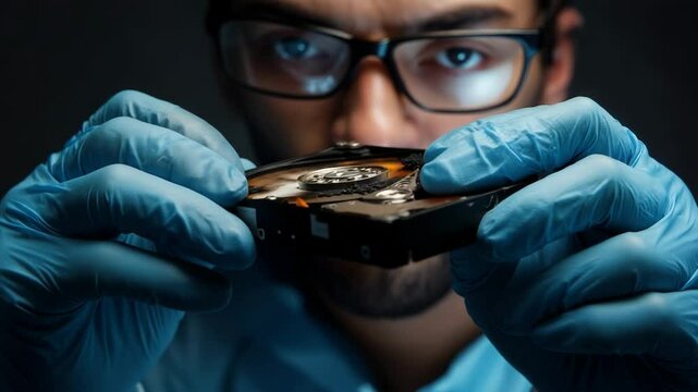 Expert technician examines damaged hard drive for data recovery solutions in a laboratory setting