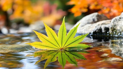 Vibrant autumn leaf on water, serene reflection, surrounded by colorful foliage and rocks