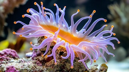Vibrant purple and orange sea anemone, with delicate tentacles, nestled on a coral reef