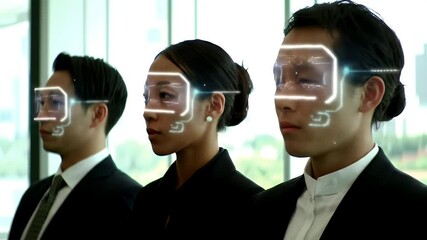 Diverse Professionals Using Facial Recognition Technology in Modern Office with Bright Window View - Powered by Adobe