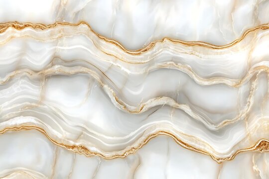 Opulent white marble texture with gracefully flowing golden veins, creating a luxurious and serene abstract background, evoking the gentle drift of precious molten elements for sophisticated design