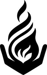A stylized fire logo held within two hands.