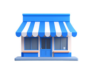 Modern 3D Vector Illustration of a Blue and White Striped Shop Building