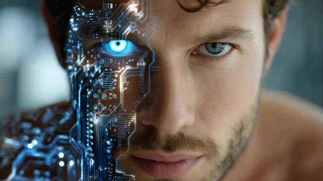 Hybrid Vision: A captivating close-up of a man's face, where human and robotic elements converge. One half displays natural features, the other, intricate circuits and a glowing blue eye.
