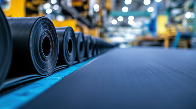 Industrial manufacturing process with large rolls of black material on production line in factory, modern machinery and equipment in background