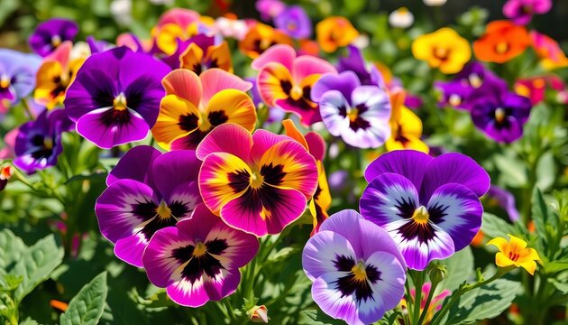 Vibrant pansy and stock flower blooms in a sunny garden bed, horticulture, stock