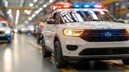 White police SUV in a factory setting with flashing lights.  Several other vehicles are visible in the background