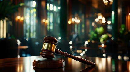 Formal gavel on dark table in grand hall