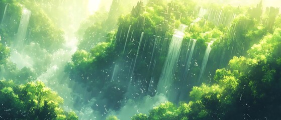 Lush green forest waterfall, aerial view