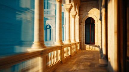Fototapeta premium An architectural corridor featuring ornate columns, arches, and balustrades. Sunlight casts intricate shadows, creating a timeless and serene ambiance.
