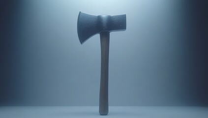 A weathered grey axe with a wooden handle stands on a light grey surface, illuminated by a soft, diffused light from above