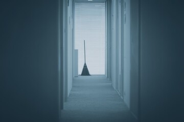 A quiet corridor in a Japanese company with office doors partly open A broom leans near a doorway and a dustpan is in use The mood is soft and slow
