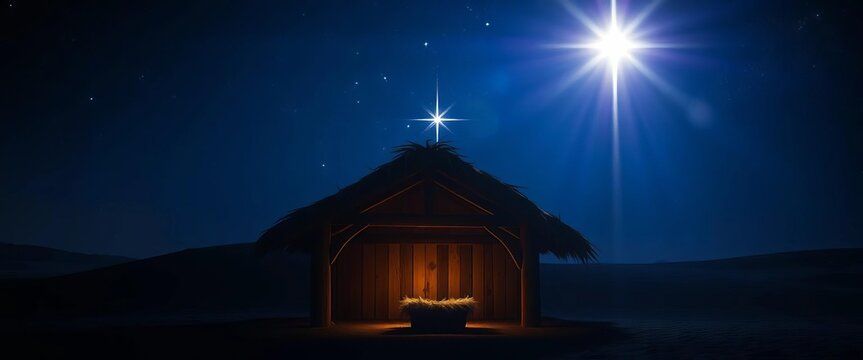 Starlight illuminates empty manger scene, peaceful night sky, light, miracle