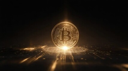 Bitcoin Brilliance: A luminous bitcoin coin glows majestically, representing the future of decentralized finance and digital currency, amidst a dark backdrop. - Powered by Adobe