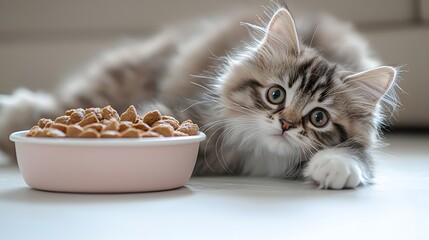 A cute fluffy kitten stretches playfully near a pastel pink full food bowl with delicious kibble, ready to eat a delightful meal in a brightly lit room indoors.