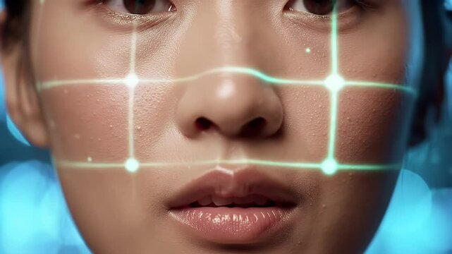 Woman Facial Scan Glowing Grid Projection on Face Biometric Technology in Dark Environment with Blurry Blue Backlight