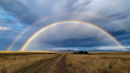 A vibrant rainbow spans across an open field, contrasting with dark clouds above. The landscape features rolling hills in the distance, capturing the tranquility of nature.