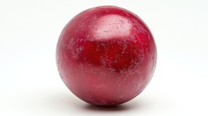 A close up of a red sphere with a textured surface against a simple white background studio shot