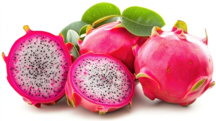 Exotic dragon fruit still life vibrant pink hues with green leaves on a clean white background studio shot