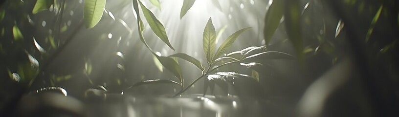 Forest plants, sunlight, mist, background