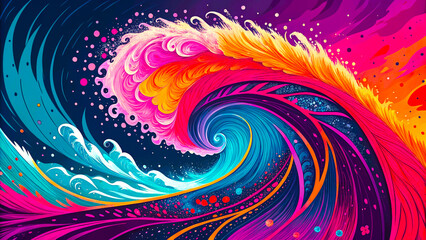 Vibrant Wave of Color: An artistically rendered wave bursts forth with a kaleidoscope of vivid hues, its flowing form evoking the power and beauty of the ocean.