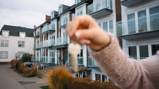 Ownership Unveiled: A hand presenting a key, a tangible symbol of ownership, against the backdrop of a stylish property. A moment of achievement, investment and dream come true.