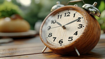 Wooden alarm clock on a table, displaying the time, with a blurred background of breakfast items