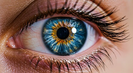Extreme close up of a human eye with blue iris and long eyelashes