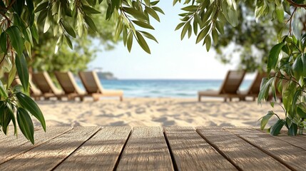 Wooden beach deck, framed by lush foliage, overlooking a serene ocean scene