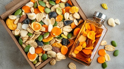 Wooden box overflowing with a colorful mix of dried fruits, nuts, and seeds.  A glass bottle sits beside it