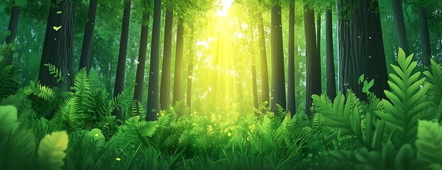 Sunlit forest path, lush foliage