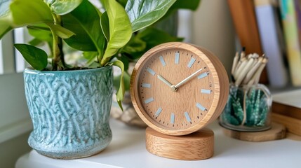 Wooden clock on white surface next to a teal plant pot.  Potted plant, round clock, light wood, light teal,  simple design