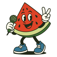 Watermelon Slice Singing with Microphone Cartoon Character