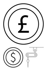 Coins featuring pound and dollar symbols alongside an automated machine arm suggesting manufacturing or fintech concepts. Ideal for finance, automation, technology, innovation, industry, wealth