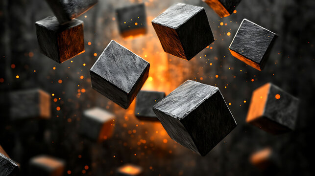 Angular cluster of rough graphite cubes levitating under a warm glowing orange light, set against a textured blackened glass backdrop,